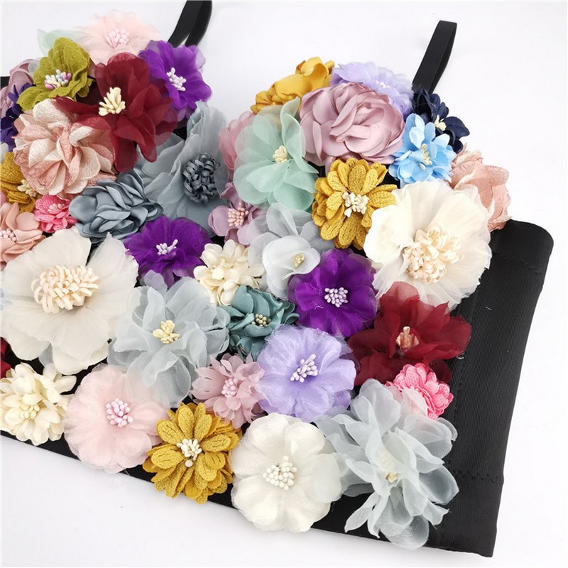 Women Multicolor Floral Embroidery Bralette with Colorful Three-Dimensional Cups and Flowers Appliques Fashion Crop Top Tube Top Strap S-L