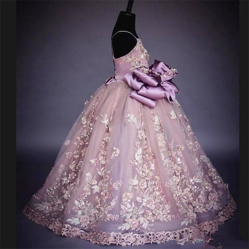 Spaghetti Ball Gown Girl's Pageant Dresses with Lace ral Appliques wer Girl Dress Cute Puffy Tulle Prom Gowns Kids Formal Wear