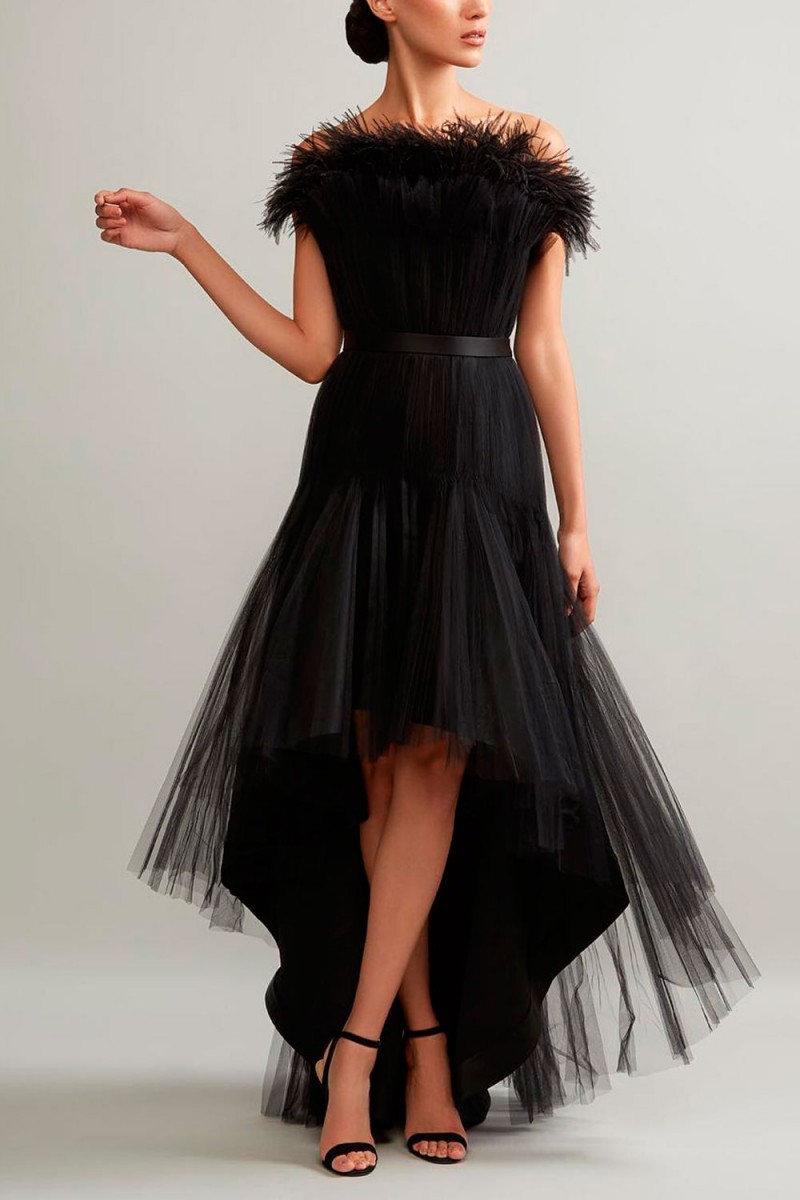Ashi Studio 2019 Evening Dresses A Line Strapless Hi-Lo Sleeveless Lace Feather Ruffle Formal Prom Dress Arabic Special Occasion Gowns