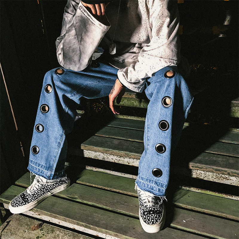 Women Man High Streetwear Plus Size Loose Baggy Hollow Hole Ring Punk Wide Denim Pant Hip Hop Harajuku Tracksuit Jeans Oversized