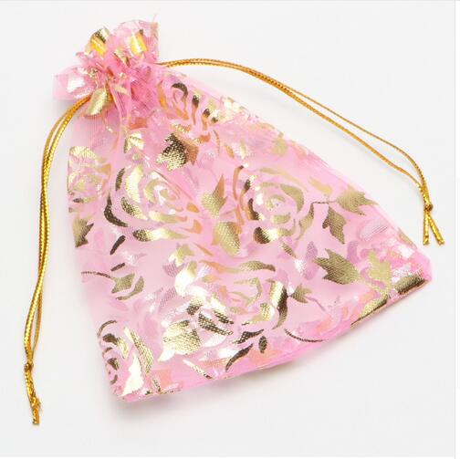 Colorful Gold Rose Transparent Packs Drawstring Pouch Sachet Organza Gift Bag For Jewelry Wedding Party Beads Packing GB397