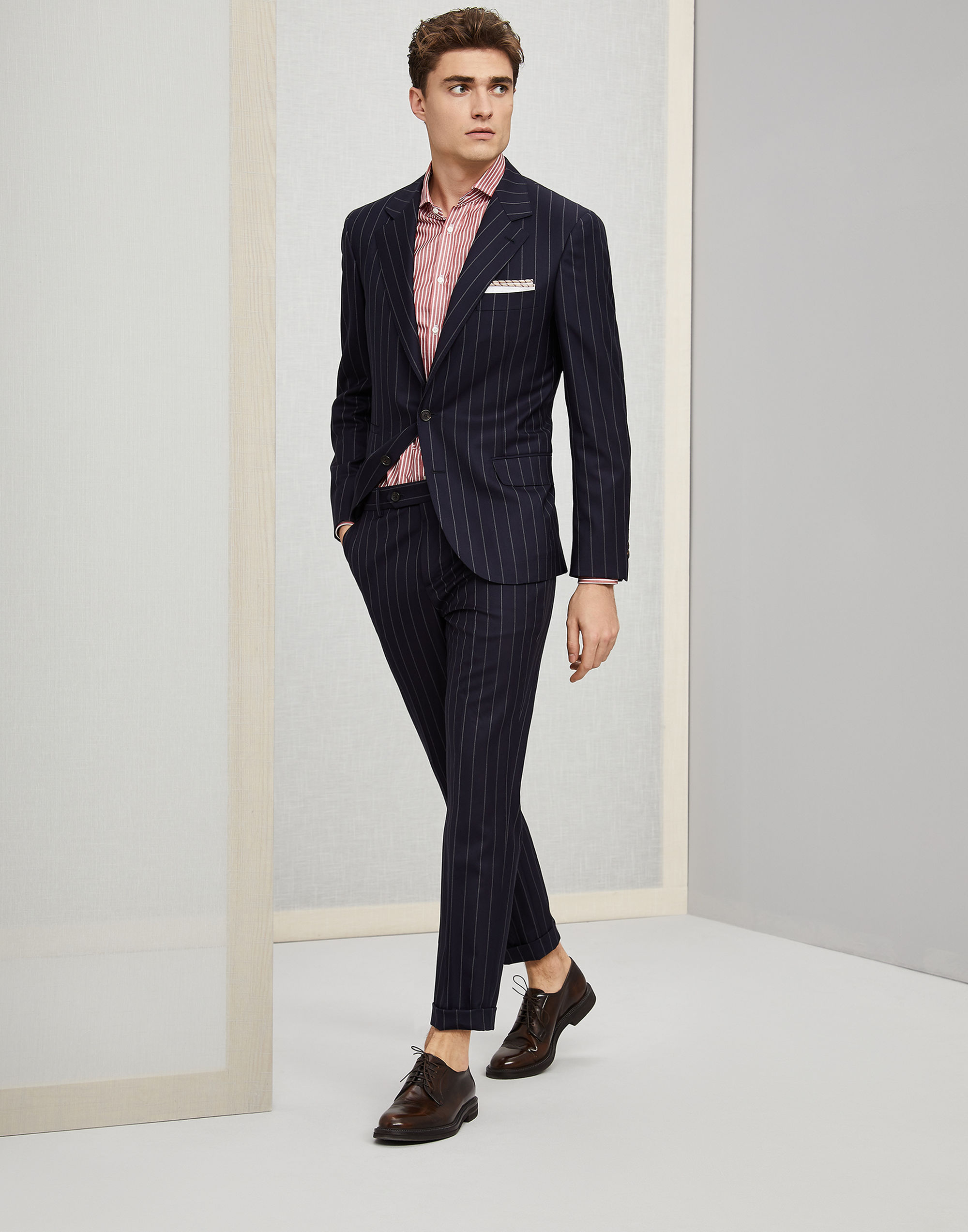 Pinstripe Groom Tuxedos Navy Mens Wedding Peaked Lapel Pants Suits Best Men Jacket Blazer Prom/Dinner 2 Pieces (Jacket+Pants)