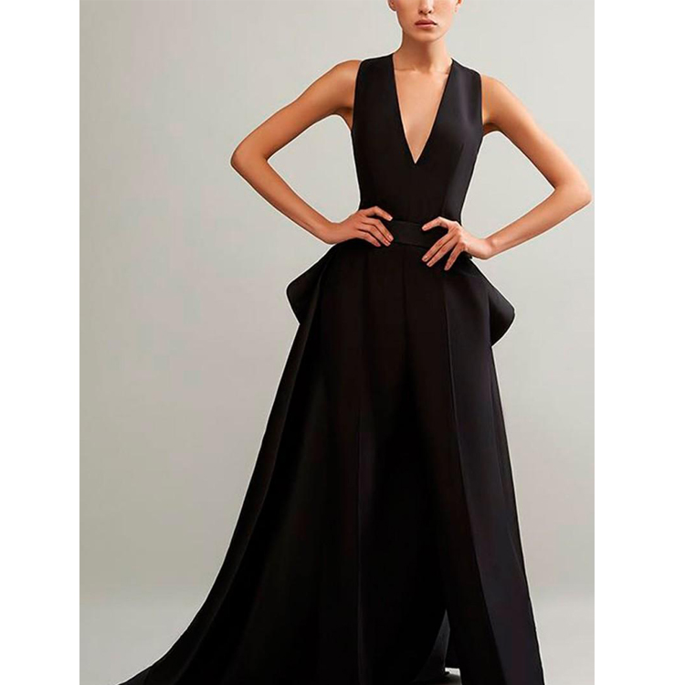 Plus Size Black Jumpsuit Evening Dresses With Detachable Skirt V Neck Prom Dresses Women Formal Party Gowns