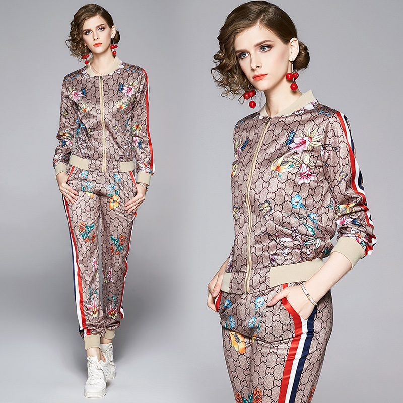 New Women's Sports Two Piece Sets Rainbow Striped Long Sleeve Print Jackets + Long Pants 2 pcs Runway Floral Ladies Designer Two Piece Pants