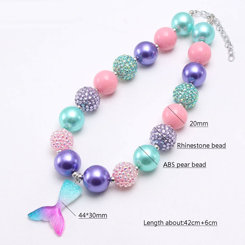 fashion colors girls chunky bubblegum beads necklace with mermaid tail pendant handmade necklace for baby kids best gift