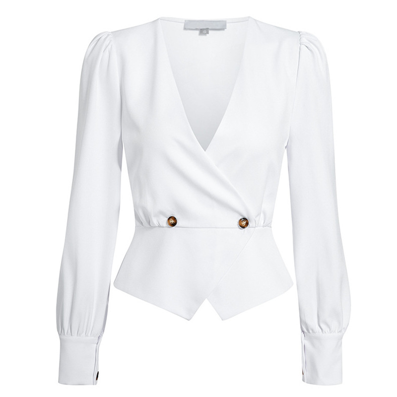 Office Lady Sexy V Neck Blouse Women Lantern Long Sleeve Top Blouses Plus Size Elegant Solid Shirt Button Blusas Workear SJ5608V