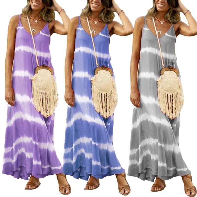 Women Stylish V Neck Sleeveless Tie Dye Stripes Print Large Hem Long Sling Dress, Blue
Women Stylish V Neck Sleeveless Tie Dye Stripes Print Large Hem Long Sling Dress, Blue
