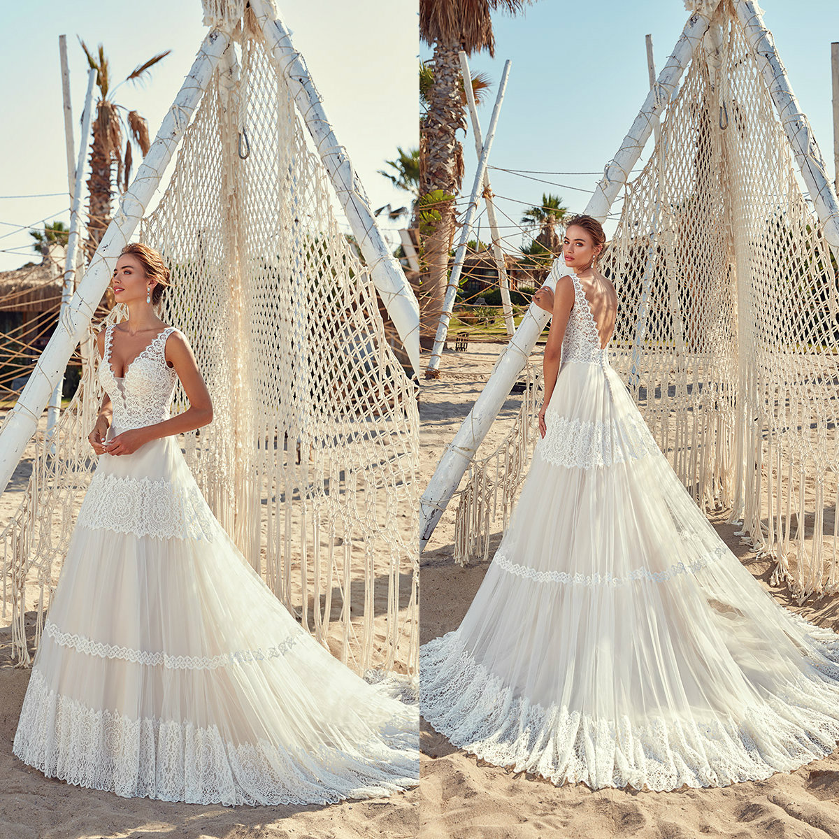 Eddy K Beach Dresses V Neck Lace Appliques A e Sweep Train Backless Bridal Gowns Custom Made Plus Size Boho Wedding Dress