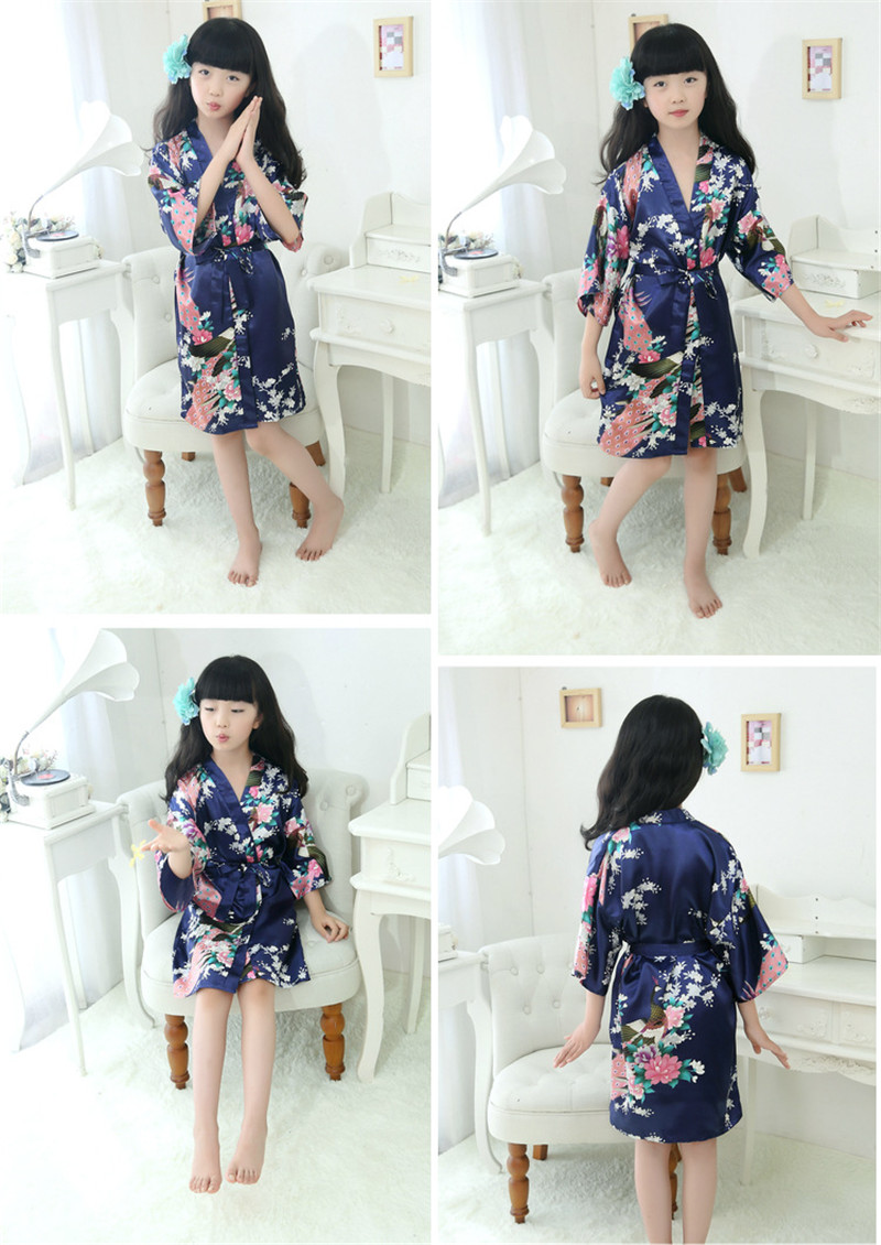 9 style Children bathrobe peacock wedding flower girl robe kimono stain silk night dresses for children summer sleepwear pajamas kid clothes