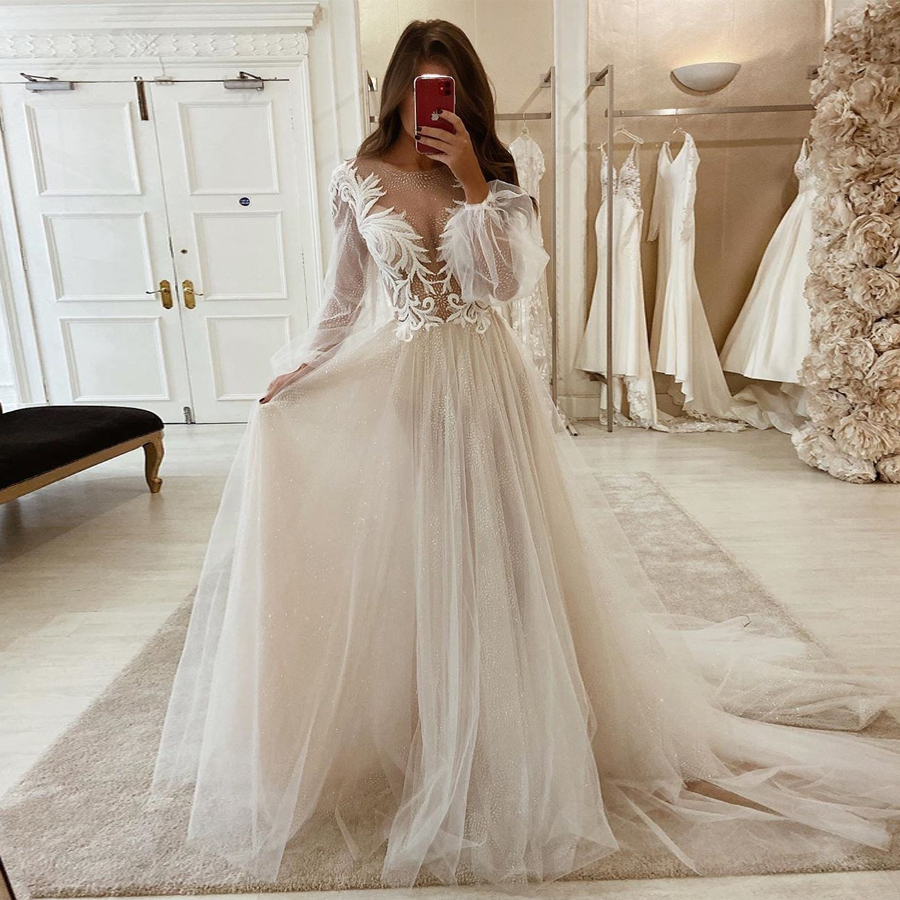 A Line Stunning Appliqued Wedding Dresses Sheer Bateau Neck Long Sleeves Bridal Gowns Sweep Train Tulle Robe De Marie ppliqued
