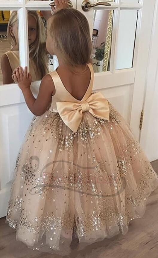 champagne sequined flower gilr dresses bow ball gown vintage little girl wedding dresses beautiful child pageant dresses gowns