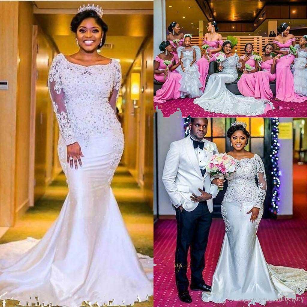 Nigerian Mermaid Wedding Dresses 20 Sweetheart Beaded Lace Appliqued Long Sleeves Chapel Train Length African Black Girl Bridal Gowns