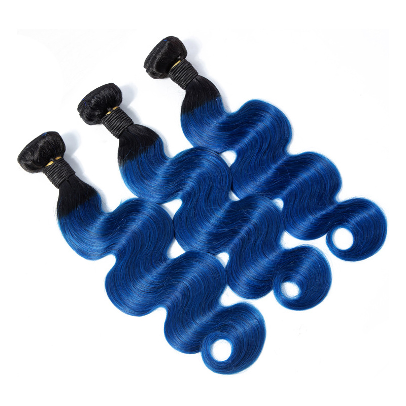 Indian Virgin 3 Bundles Body Wave 1B/Blue Ombre Human Hair Extensions Three Pieces 1B Blue - view 3