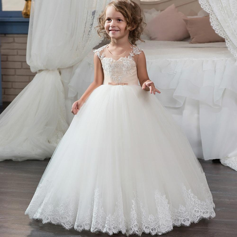 New Hot Girls First Communion Dresses Sleeveless Ball Gown Lace Appliques Tulle Flower Girl Dresses for Weddings with Sash