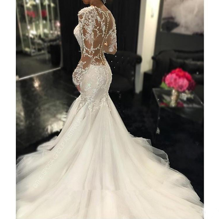 Sexy Backless Mermaid Wedding Dresses Sheer V Neck Long Sleeves Sweep Train Plus Size Bridal Gowns Custom Made Vestido De Novia