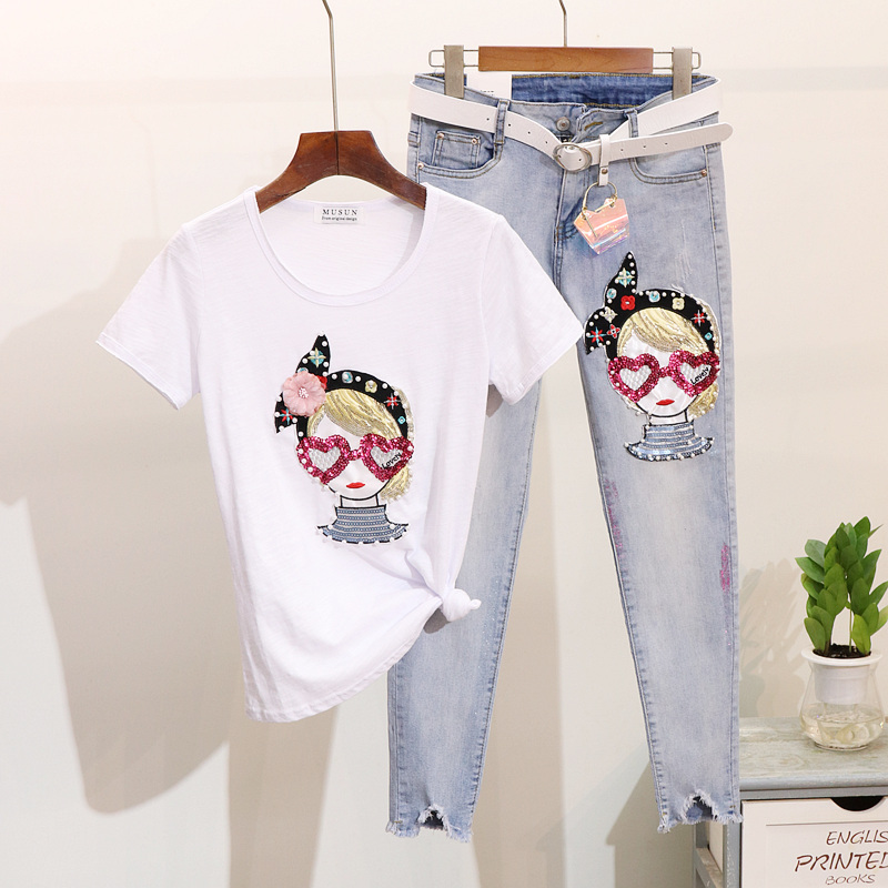 New Spring Summer Fashion Women' Sets Cartoon Girl Beading Short Sleeve T-shirts + Hole Long Pencil Pants Students Suits, Top
New Spring Summer Fashion Women' Sets Cartoon Girl Beading Short Sleeve T-shirts + Hole Long Pencil Pants Students Suits, Top