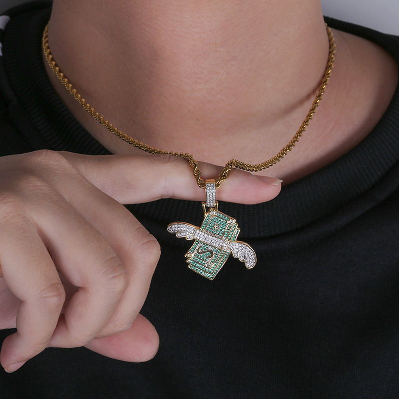 Rap Flying Dollar Pendant Necklace Hip Hop Shining Men Women 18K Gold Plated Pendant Necklace Jewelry