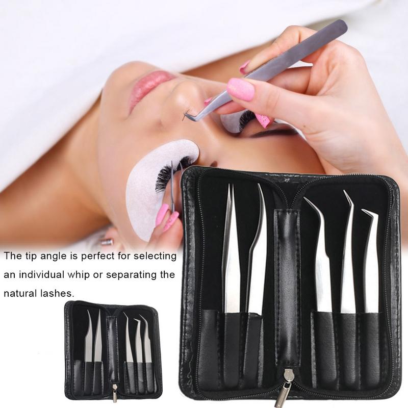 5pcs Stainless Steel Anti-Static Eyelash Tweezers Tool Kit With Leather Case Grafting Eyelash Extension Tweezers Eyebrow Forceps