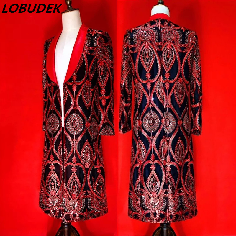 Stage Sequins Trench Coat Bar Nightclub Punk Hip Hop Male Singer Costume Red Embroidery Long Coat Overcoat Performance Clothes
Stage Sequins Trench Coat Bar Nightclub Punk Hip Hop Male Singer Costume Red Embroidery Long Coat Overcoat Performance Clothes