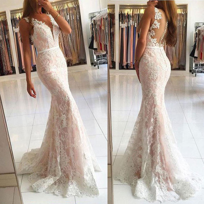 Deep-V Neck Appliques Lace Pink Mermaid Prom Dresses Illusion Covered Back Evening Dresses Party Wear