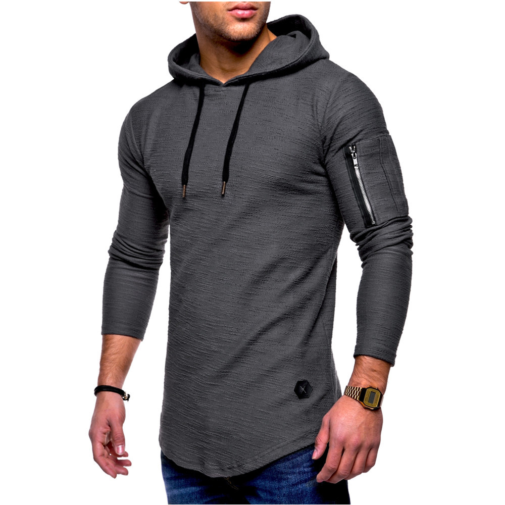 2021 Hoodies Men's Solid Color Round Neck Hooded Sleeve Arm Zipper European and American Style Long T-shirt