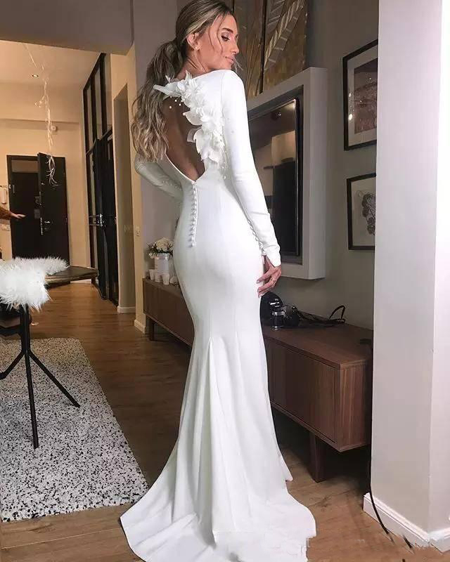 Long Sleeve Satin Mermaid Jewel Neck Bohemian Open Back Vestido De Noiva With 3D Flowers Accessories Wedding Dresses 0521