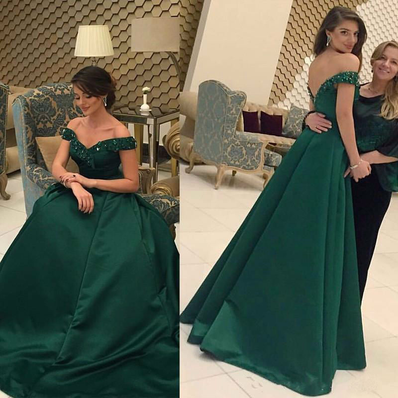 2019 New Arabic Dubai Prom Dresses Off Shoulder Emerald Green A Line Beaded Evening Dresses Sexy Backless Party Gowns vestidos de festa