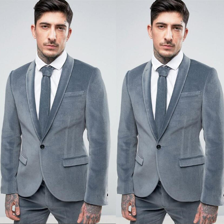 Grey Velvet Mens Wedding Tuxedos Slim Fit 2 Pieces Coat Pants Suits Custom Blazer Formal Groom Prom Party Suits