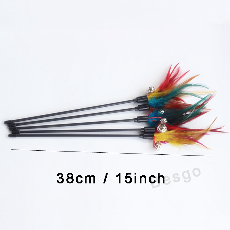Cat Kitten Pet Teaser 38cm Turkey Feather Stick With Bell Wire Chaser Wand Toy Playing Interactive Toys DBC BH2864