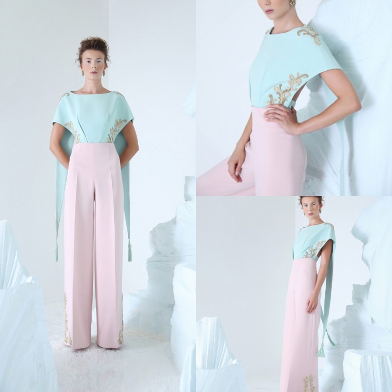 Azzi Osta 2019 Jumpsuits Prom Dresses With Cape Embroidery Jewel Neck Pink Pants Celebrity Party Gowns Floor Length Formal Evening Dress