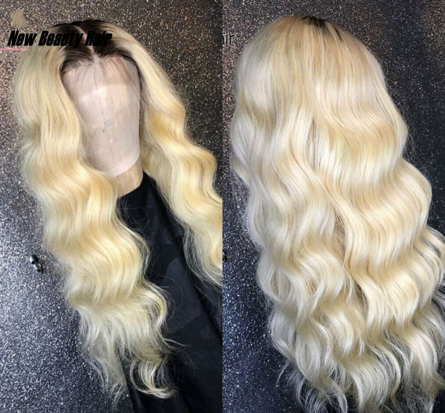 Natural Hairstyle Women' Fashion Dark Roots Ombre Blonde Glueless Heat Resistant Fiber Long Body Wave Synthetic Lace Front Wigs For Women