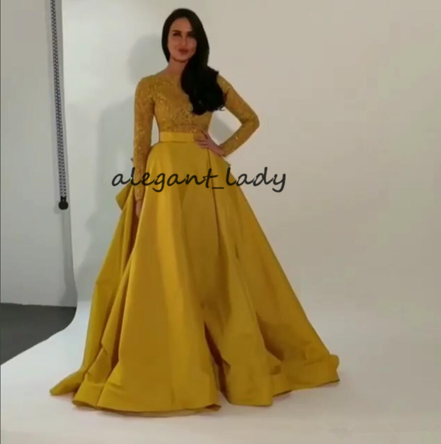 Gold Luxury Long Sleeve Prom Formal Dresses 2019 High Neck Lace Stain Plus Size Arabic Dubai Muslim Kaftan Occasion Evening Wear Gowns