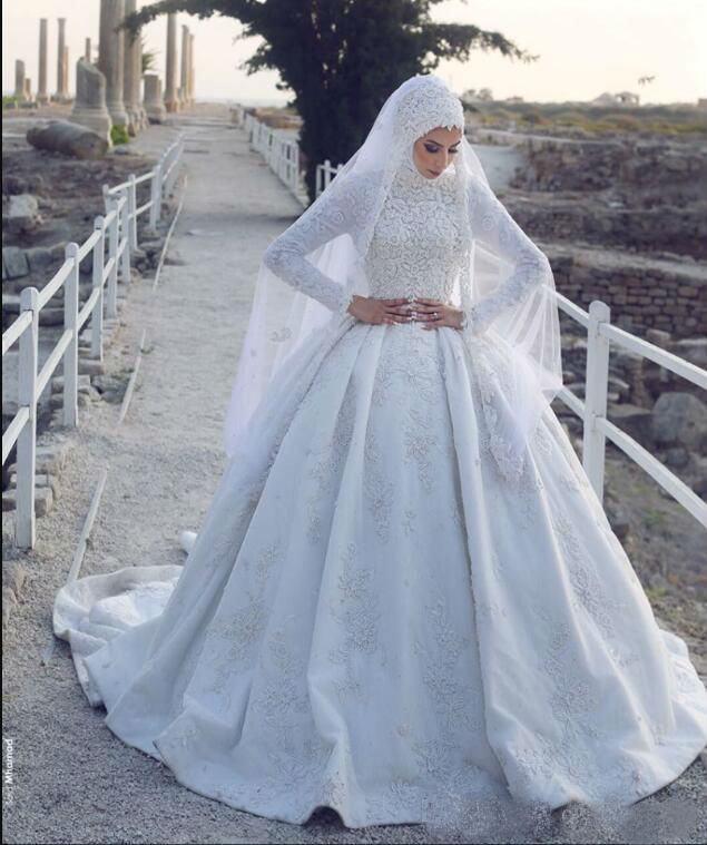 2019 Latest Muslim Wedding Dresses High Collar Lace Long Sleeve Plus Size Wedding Dress With Veil Ball Gown Custom Made robe de mariée