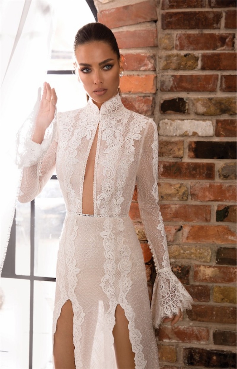 elihav sasson side split wedding dresses high neck long sleeve mermaid bridal gowns full lace open back sexy wedding dress