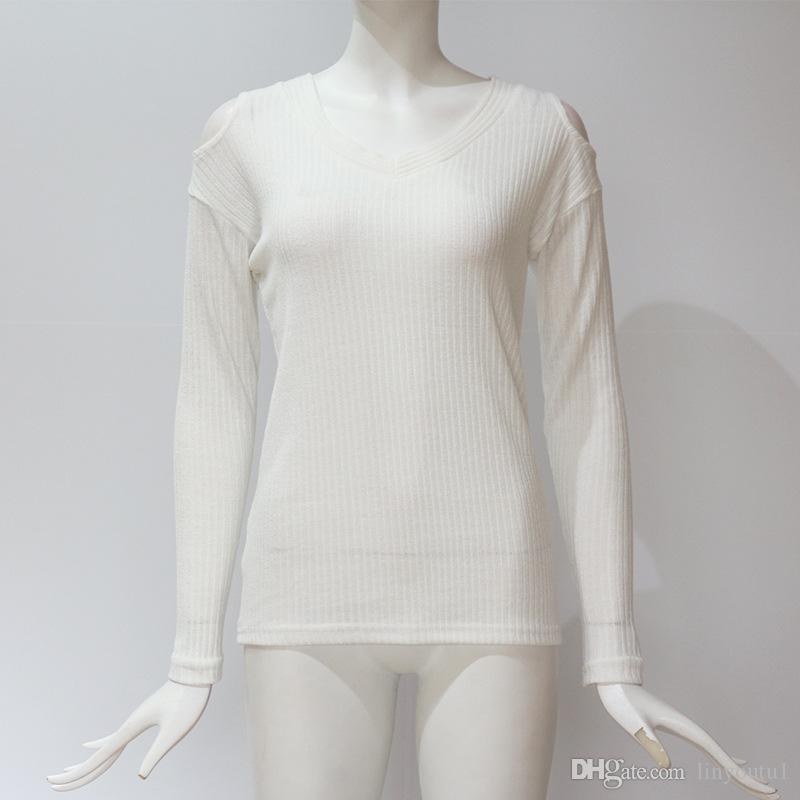2020 Sexy Cut Out Cold Shoulder Women Tops And Blouses Casual Solid Long Sleeve V Neck Striped Knitwear Streetwear Ladies Shirts