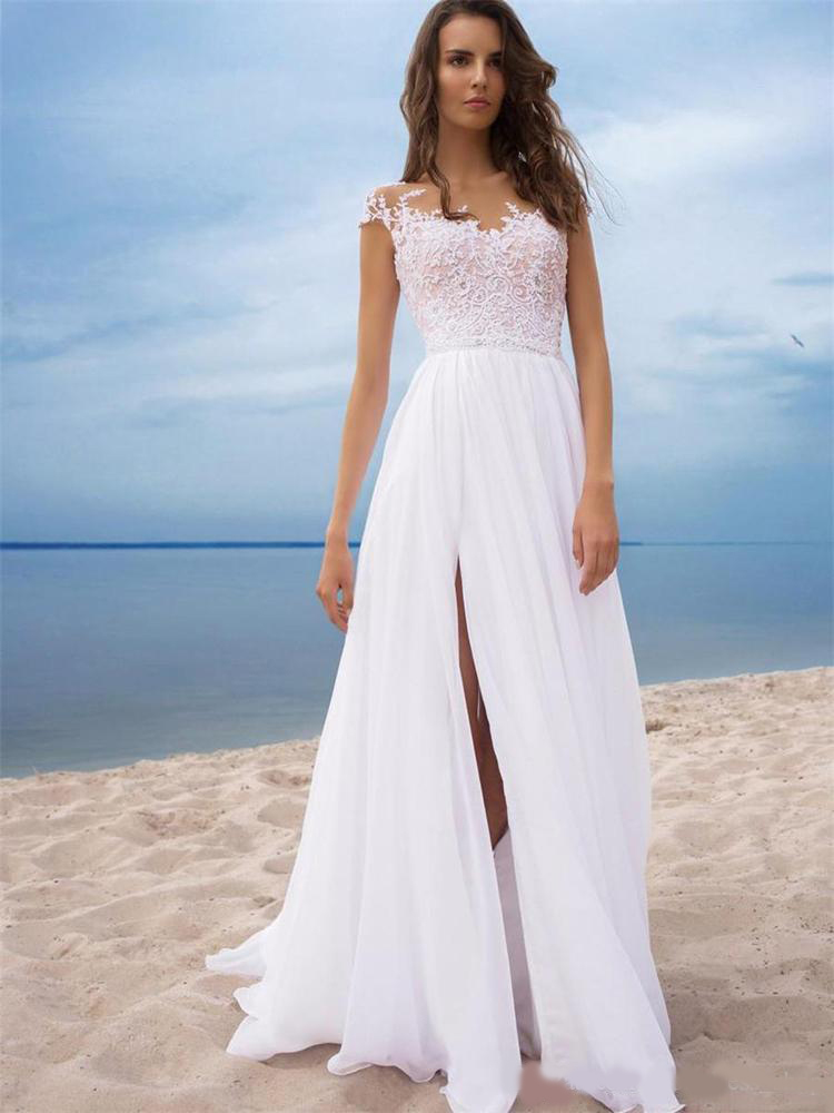 Sheer Jewel Neck Appliqued Keyhole Backless Long Bridal Gowns for Summer Beach Weddings Sexy Split Boho Wedding Dresses