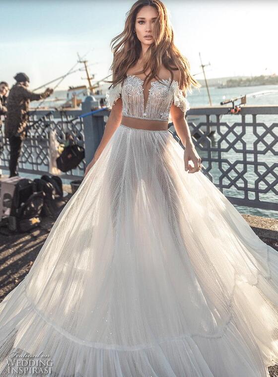 Two Pieces Beach Wedding Dresses 2019 Off Shoulder Lace Floor Length Boho Bridal Gowns Dimitrius Dalia Sexy Wedding Dress robe de mariée