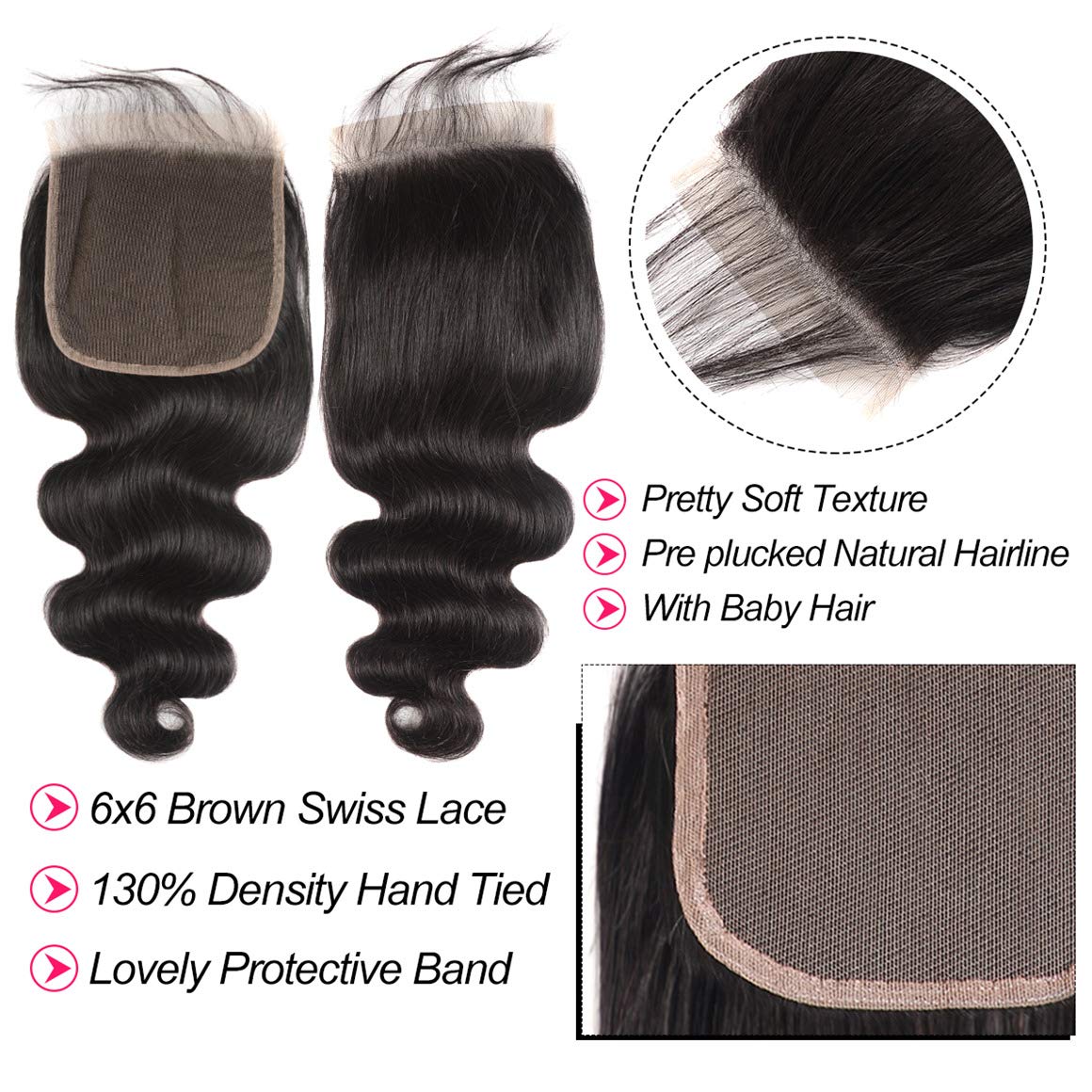 Free shipping 6x6 Transparent Lace Closure Brazilian Straight Human Pre Plucked With Baby Hair