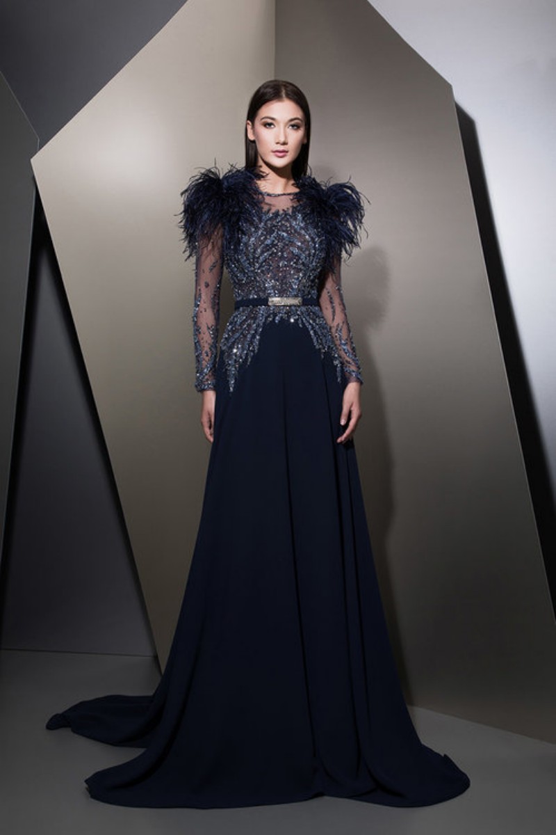 ziadnaked evening dresses with feathers beaded formal prom dress long dubai arabic navy blue red carpet party gowns