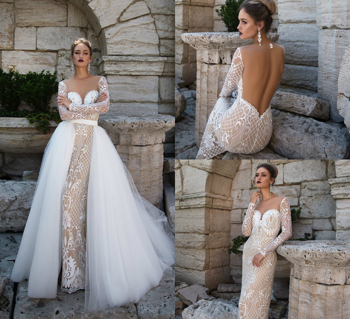 Backless Wedding Dresses With Detachable Skirt Sweetheart Long Sleeve Lace Appliques Beach Mermaid Wedding Dress Plus Size Bridal Gowns