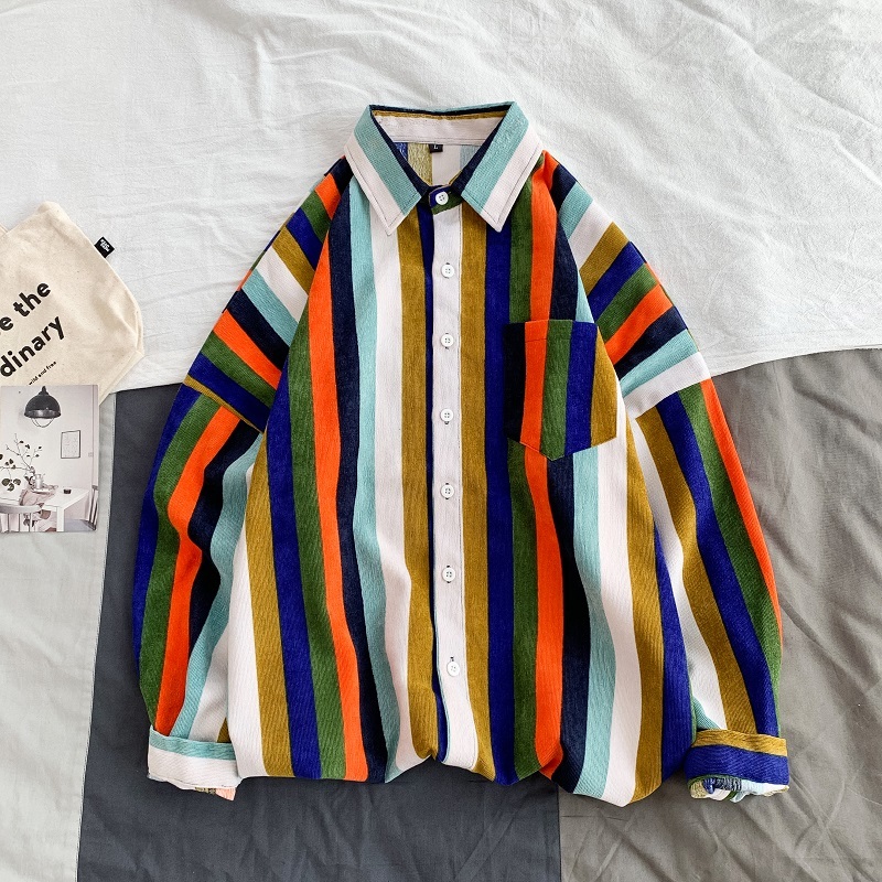 Privathinker Japanese Colorful Striped Men Shirt New Spring Man Basic Long Sleeve Blouse Korean Male Casual Shirts