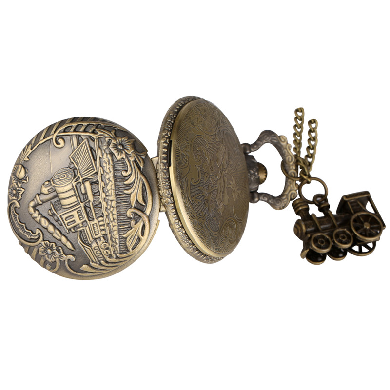 Vine Retro 3D Steam Train Pocket Watch With Necklace Chain Locomotive Design Men Women Antique Quartz Clock Gift Collectab