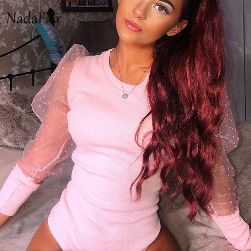 Nadafair Puff Long Sleeve Sexy Bodysuit Black Mesh Bodysuit For Woman Winter Bodycon Bodysuits OnePiece Pink Body Female
