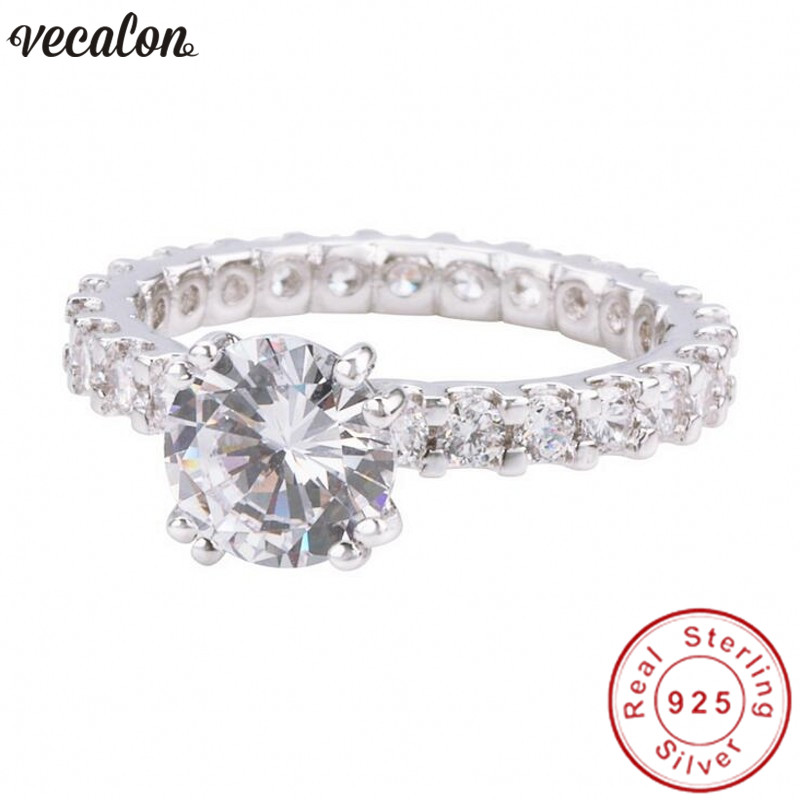 Vecalon Solitaire ring Real 100% 925 Sterling Silver Full Diamond Engagement wedding band rings For women men Finger Jewelry