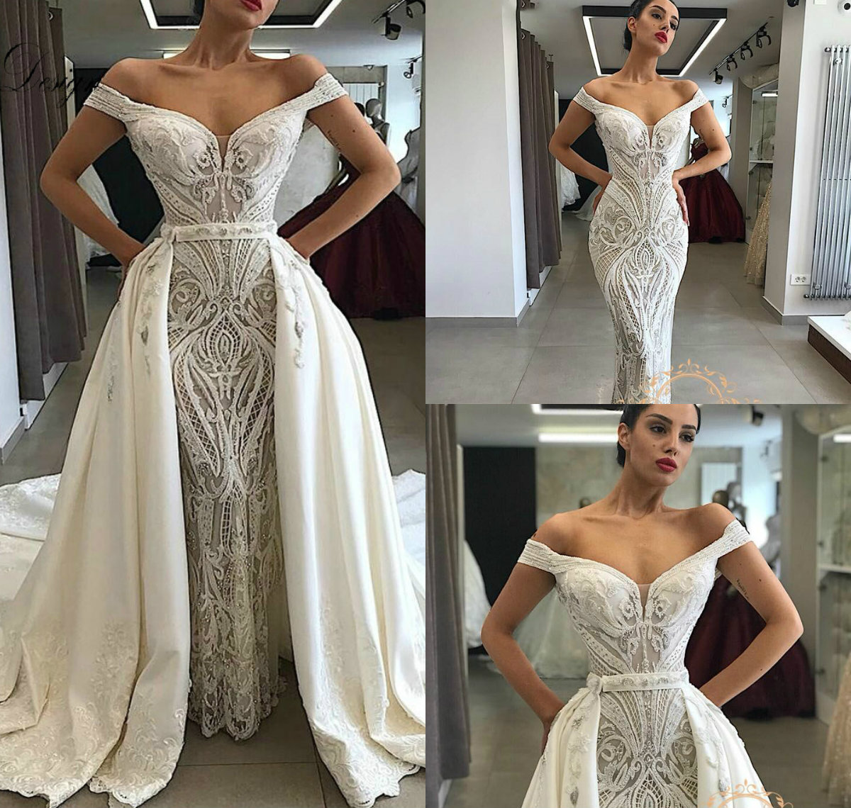 Gorgeous Mermaid Lace Arabic Wedding Dresses Off The Shoulder Detachable Train Customize Dubai Wedding Gowns Applique Robe De Mariee