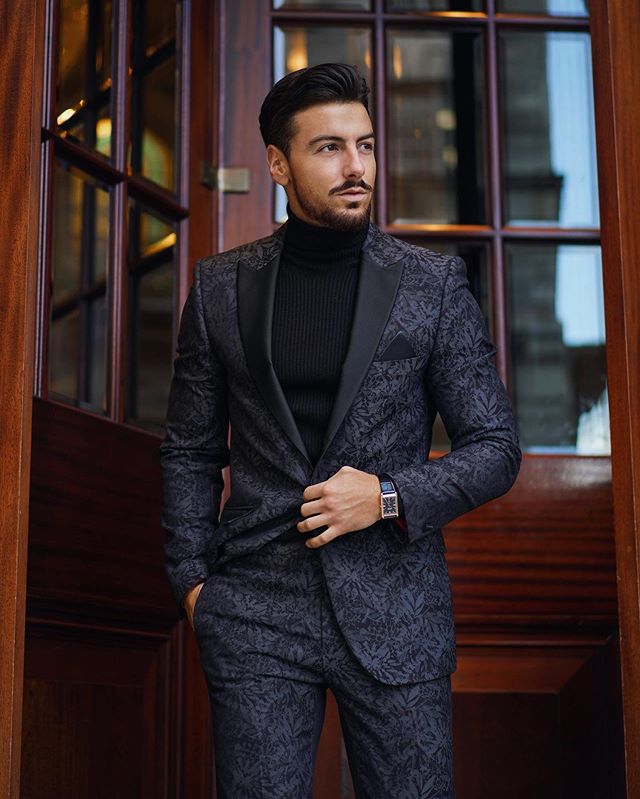 2 Pieces Floral Pattern Mens Wedding Suits Peaked Lapel Groom Formal Wear Prom Tuxedos Best Man Blazer Suit (Jacket+Pants)