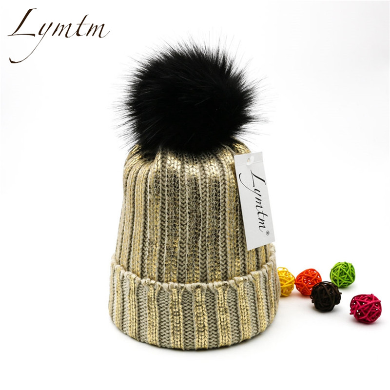 Winter Silver Bronzing Snap Fastener Pompom Knitted Beanies Hat Women Faux Fur Pompon Warm Ski Skullies Beanie High Quality S18120302