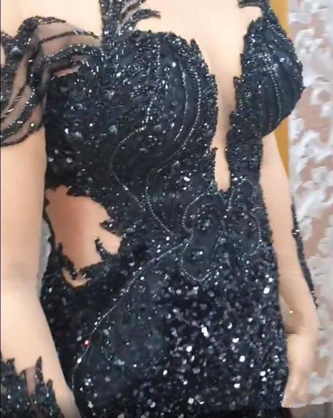 Black Women Prom Dress Jumpsuits Sheer Jewel Neck Lace Beads Pearls Crystal Pants Suit Evening Gowns Long Sleeve Robes De Soirée