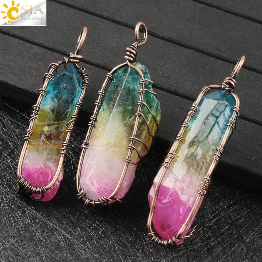 Vintage Reiki Natural Stone Crystal Pendant Necklace Women Men Wire Wrap Tree of Life Pendants Pendulum Gems Rainbow Jewelry
