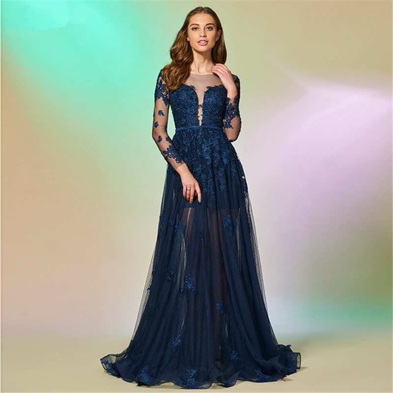 Elegant Navy Blue Lace A Line Prom Dresses Custom Long Sleeve Evening Sweep Train Sheer Neck Party Gowns Robe De Mariée